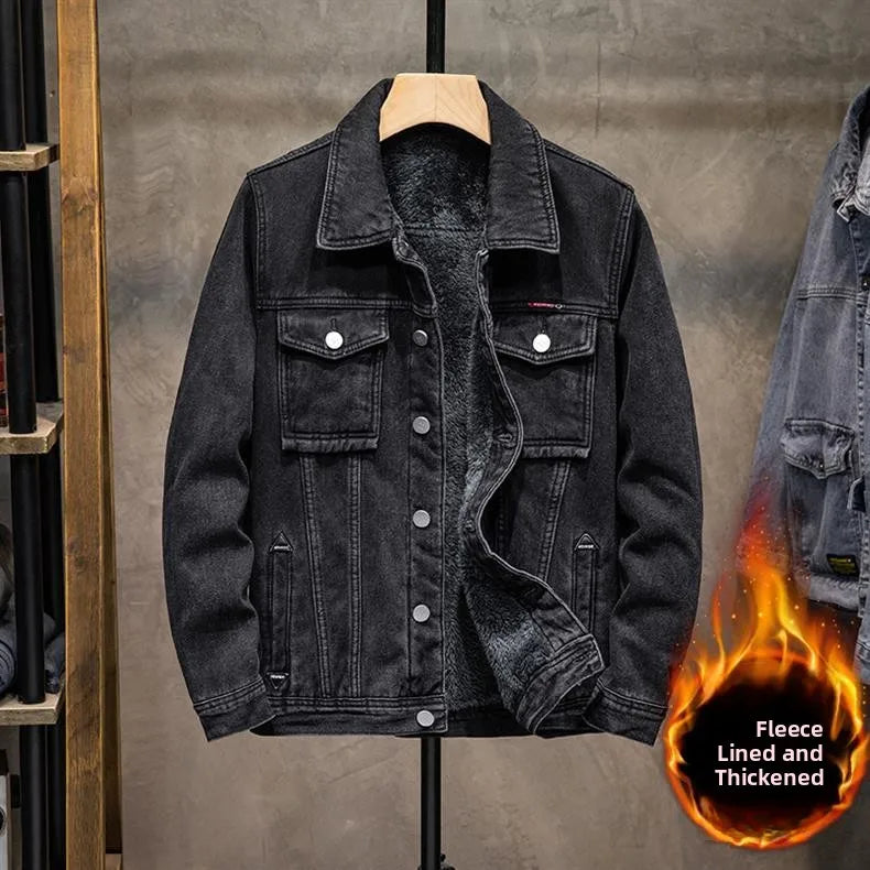 Trendy Workwear Casual Denim Jacket Thickened Fleece Lined Men's Clothing Versatile Jeans Outerwear for Youth