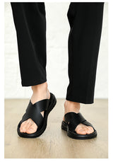 Mens Leather Slippers Comfortable Breathable Summer Big Size Sandals for Men with Soft Sole