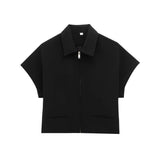 TFMLN Fashion Set For Women Summer 2025 New Slim Lapel Zipper Short Sleeve Coat Top Wide Leg Pants Two Piece Set Leisure Black
