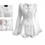Japanese Y2 Aesthetics Vintage Bow Dress Shorts Set Women Gothic Lolita Style Long Sleeve Shirt Dress Elegant Party Dress Suits