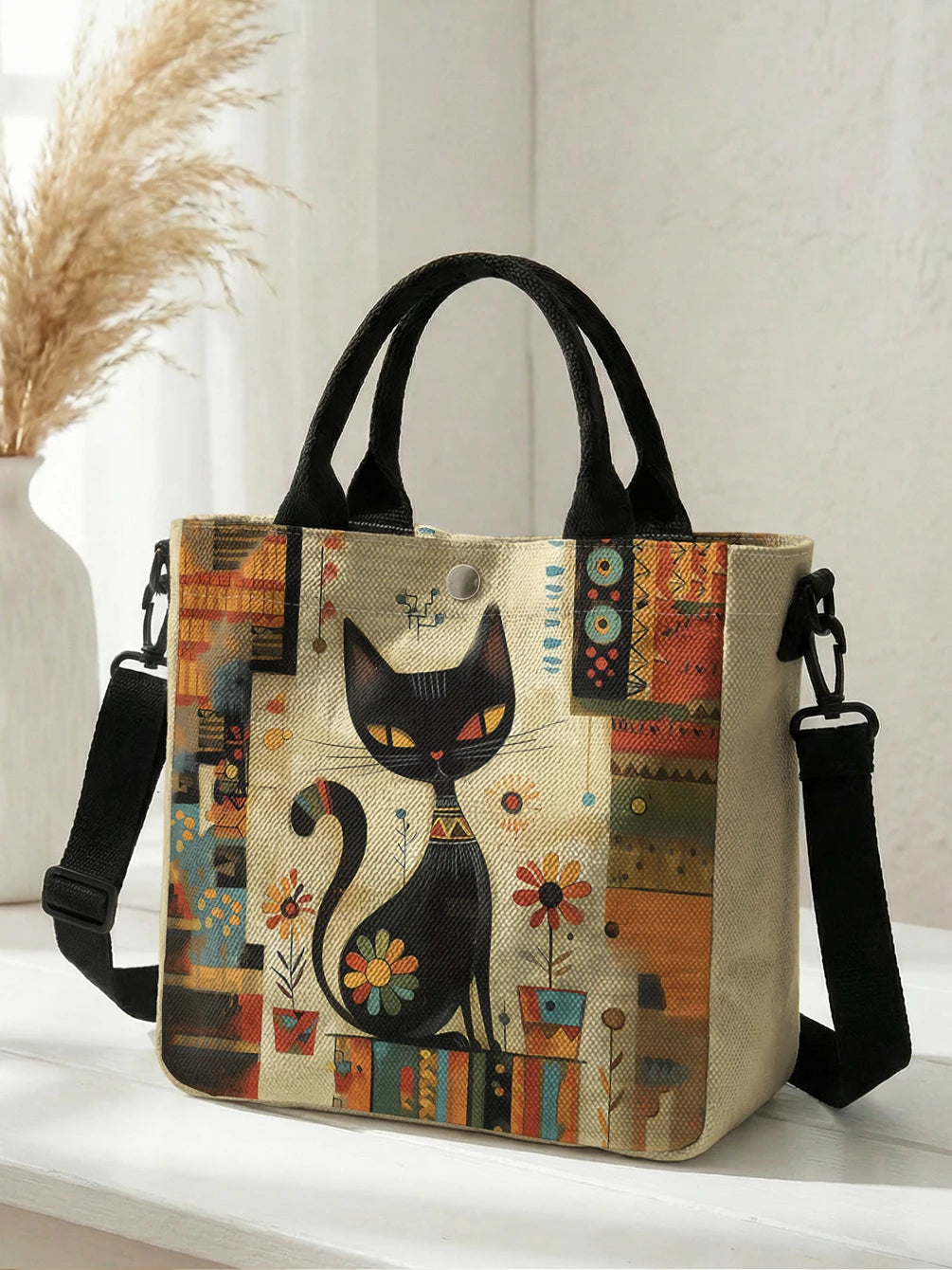 Abstract Geometric Floral Black Cat Art Print Tote Bag Detachable Strap Crossbody Handbag For Women Daily Shopping