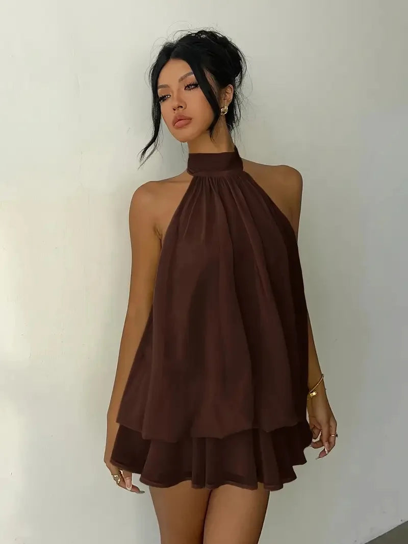 Women's Halter Neck Backless Tie-Front Mini Dress