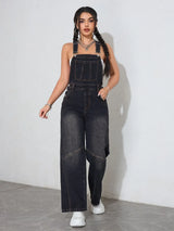 Vintage Black Denim Wide-Leg Jumpsuit – Loose Fit Oversized Overalls