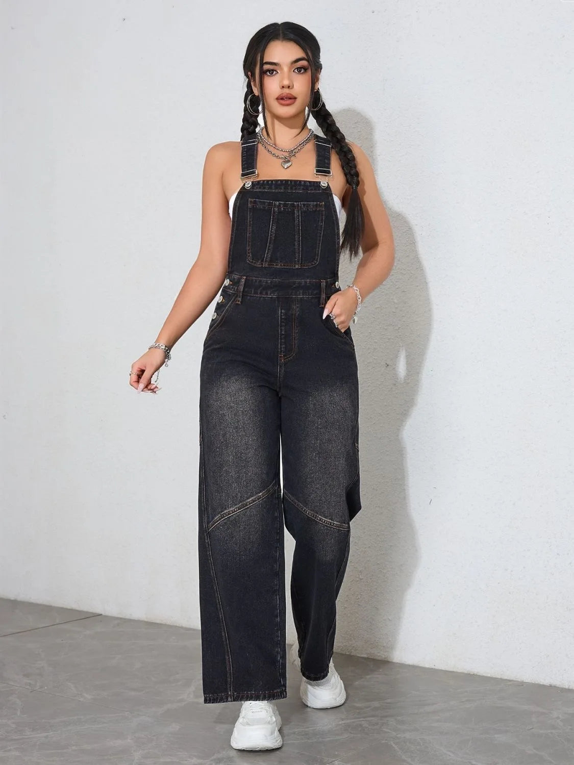 Vintage Black Denim Wide-Leg Jumpsuit – Loose Fit Oversized Overalls