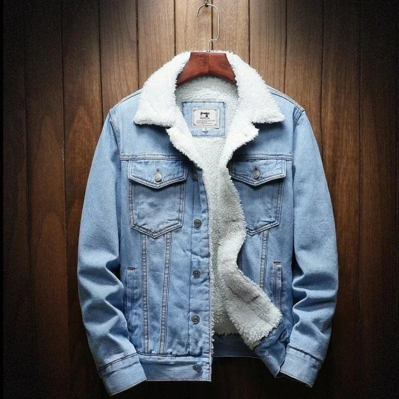 Men’s Winter Sherpa-Lined Denim Jacket – Slim Fit Padded Fleece Coat