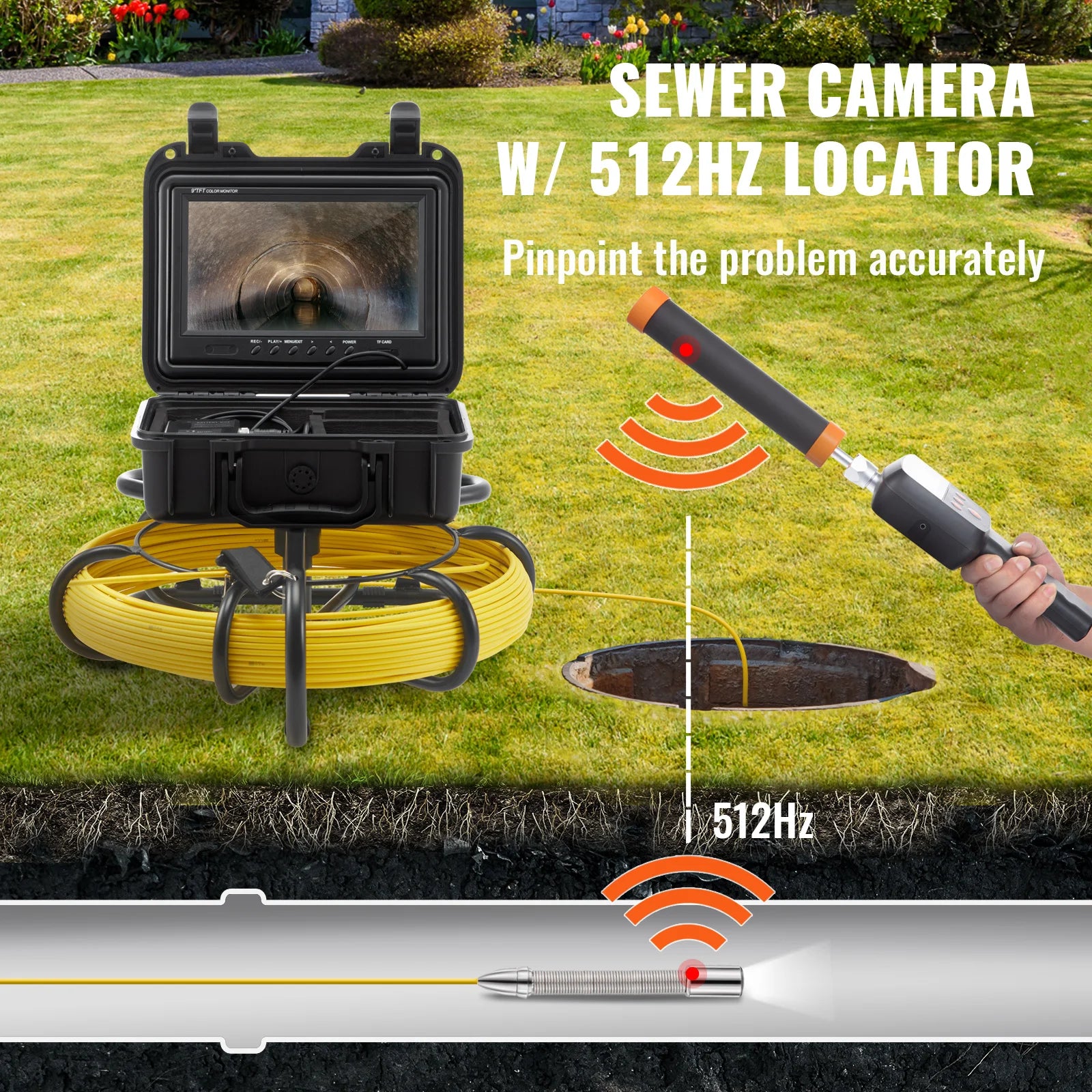 SucceBuy Sewer Camera with 512Hz Locator IP68 9" Pipeline Inspection Camera w/DVR Function w/12 Adjustable LED and 16 GB SD Card