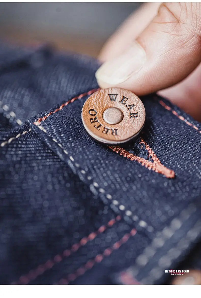 Maden Men's Vintage Selvedge Raw Denim Jeans with Horse Hair Leather Patch 100% Cotton Straight Trousers for Spring Fall Pants