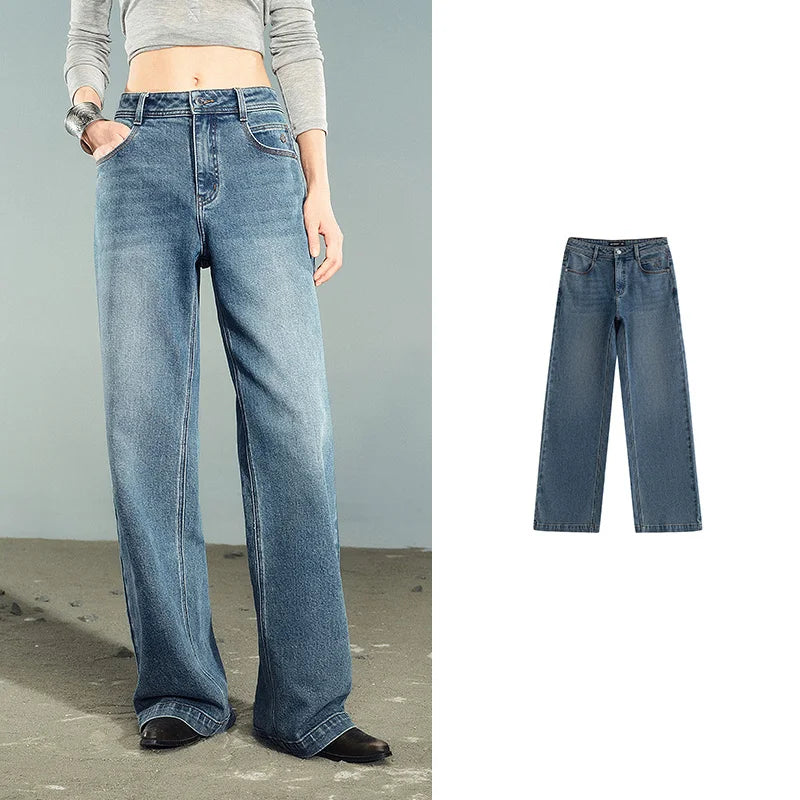 TOYOUTH Women Denim Jeans 2025 Autumn New Lycra Stretch Washed Wide Leg Straight Long Pants