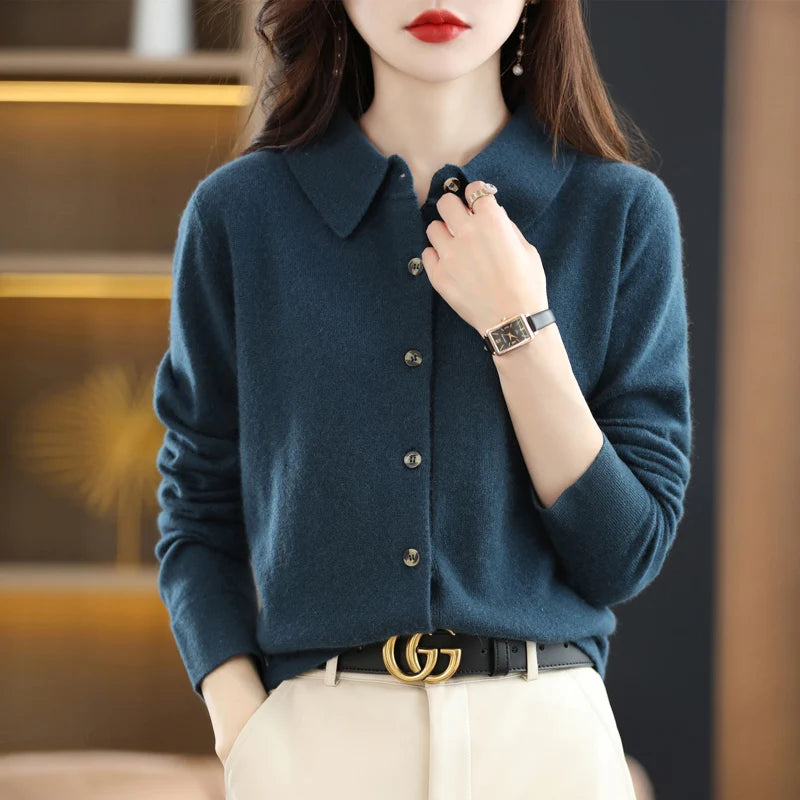 Polo Collar Spun Wool Cardigan – Elegant Single-Breasted Knit Jacket