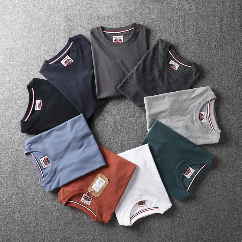 Summer New American Retro Short-sleeved O-neck Solid Color T-shirt Men's Fashion Simple 100% Cotton Washed Casual Sport Tops