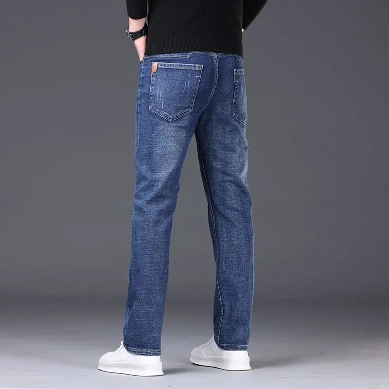 2025 Winter Men's Large Plush Thick Jeans Fashion Casual Versatile Business Jeans Warm and Cold Resistant Black Blue Denim Pants