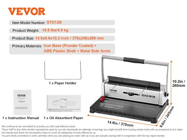 SucceBuy Coil Spiral Binding Machine Manual Book Maker 34-Holes Binding 120 Sheets Punch Binder w/ Adjustable Coil Binding Spine