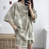 Women T-Shirt Shorts Suit Set Casual Tie Dye Loose tshirt and wide leg middle shorts with pockets female Soft Summer Shorts Sets