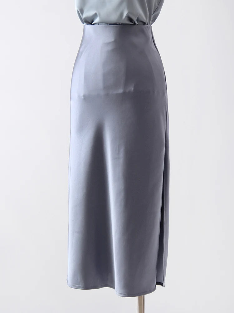 Women's Satin Midi Skirt – Elegant A-Line with Slit