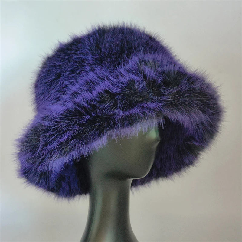 1pcs Winter Faux Fur Bucket Hat Warm Fluffy Plush colorful soft Winter hat Personality fur Fisherman Hats for women Plush hat겨