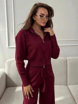Bornladies Women's New Knit Zip Up Cardigan Wide Leg Pants Set Soft Fabric Cropped Elastic Waist Autumn Winter Fashion Sweater