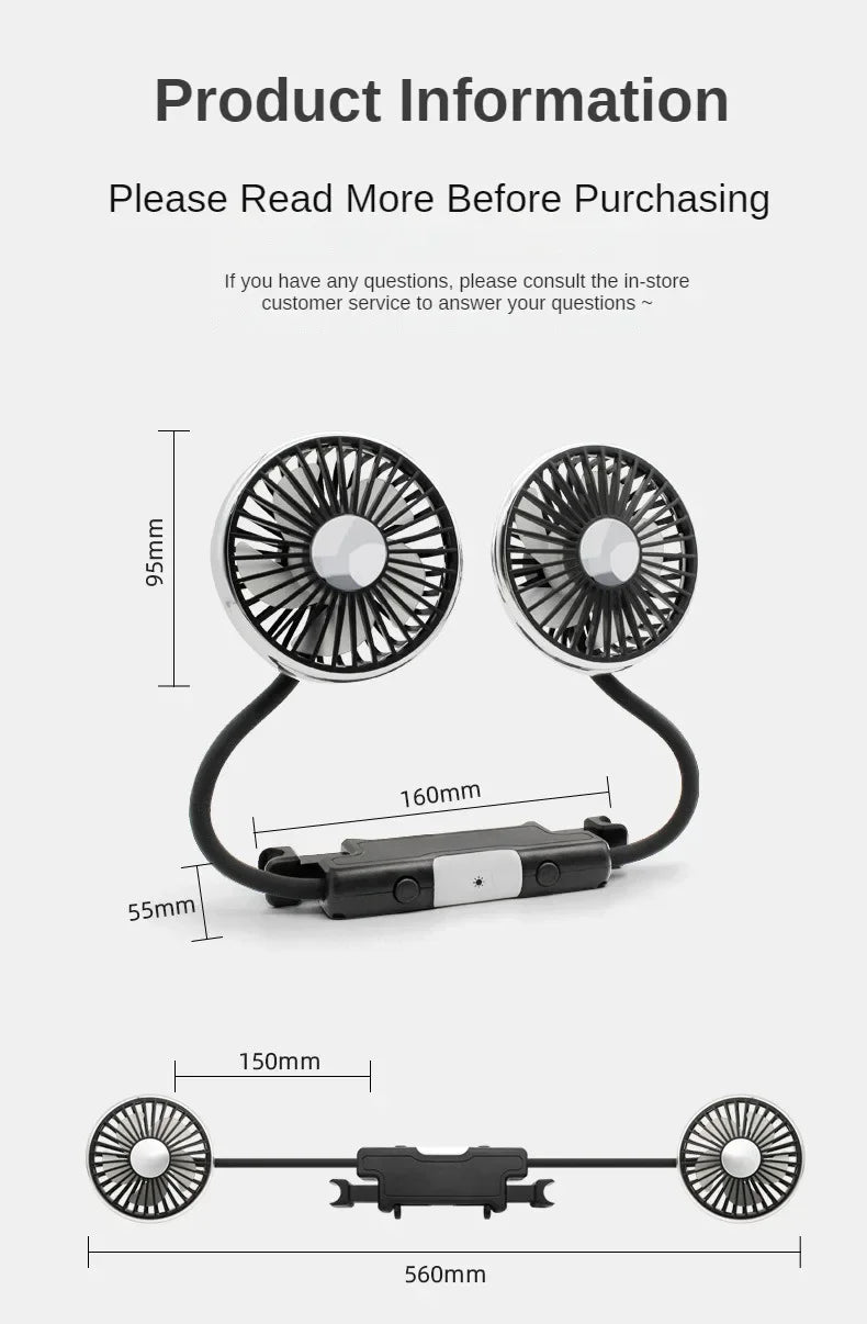 360° Dual Head Car Seat Fan with LED & 3-Speed Control