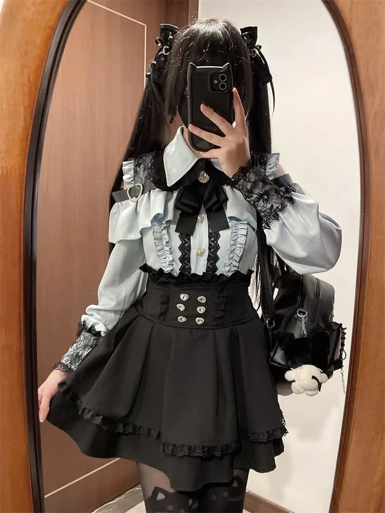 Women‘s Lolita Set Dark Femme Mesh Top & Waist Cinching Skirt, 2025 Autumn Japanese Street Style Coord for Gothic Baddie Fashion