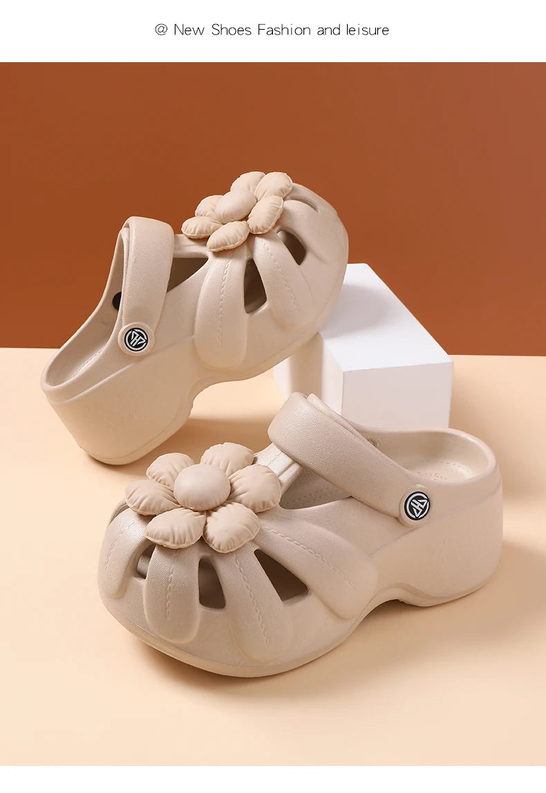 Women's Platform Clog Sandals with Flower Decor — EVA Wedge Beach Shoes