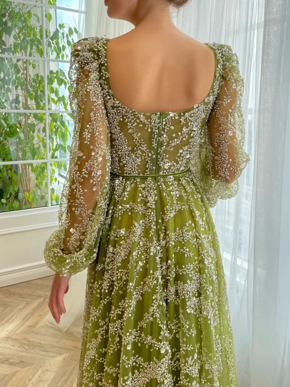 Glitter A-Line Evening Gown | Square Neck & Pearl Lace