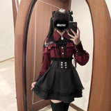 Women‘s Lolita Set Dark Femme Mesh Top & Waist Cinching Skirt, 2025 Autumn Japanese Street Style Coord for Gothic Baddie Fashion