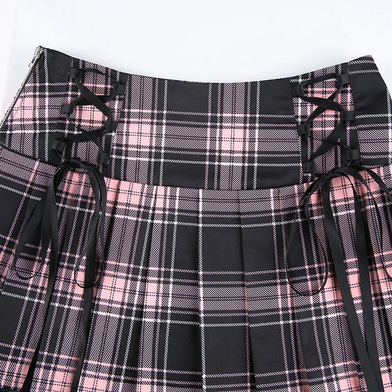 Pink Plaid Y2K Pleated Mini Skirt with Lace Trim
