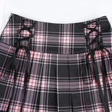 Pink Plaid Y2K Pleated Mini Skirt with Lace Trim
