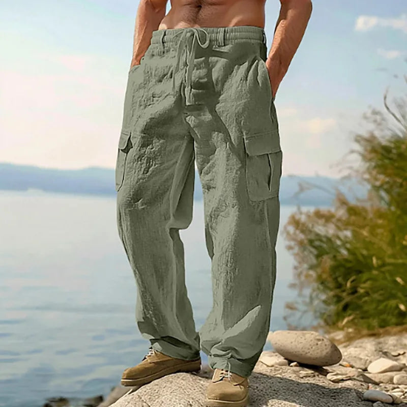 Men's Linen Blend Drawstring Straight-Leg Pants