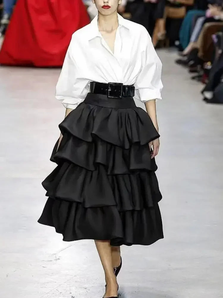 Women's Falbala Layered Elegant High-Waist A-Line Skirt - Black