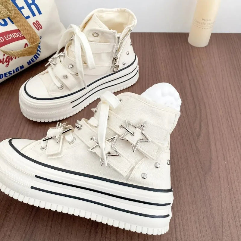 Women's High-Top Canvas Platform Sneakers — Rivet Buckle Lace-Up
