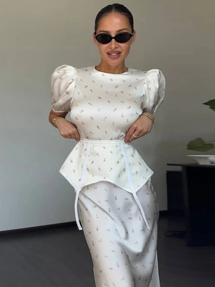 Print  Dress Women's Floral Satin Mini Dress Deep V-Neck Puff Sleeves Peplum Waistband Two-Piece Party Dresses Woman Clothes