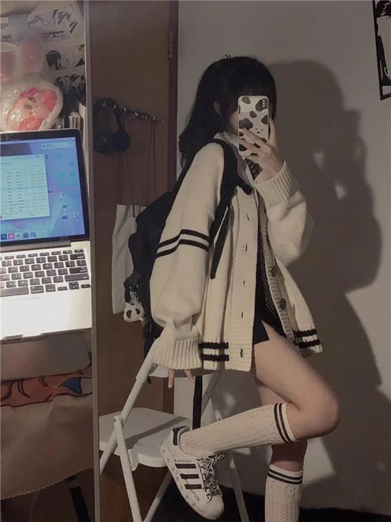 Y2K Striped Loose Cardigan – Vintage V-Neck Knit Sweater Coat