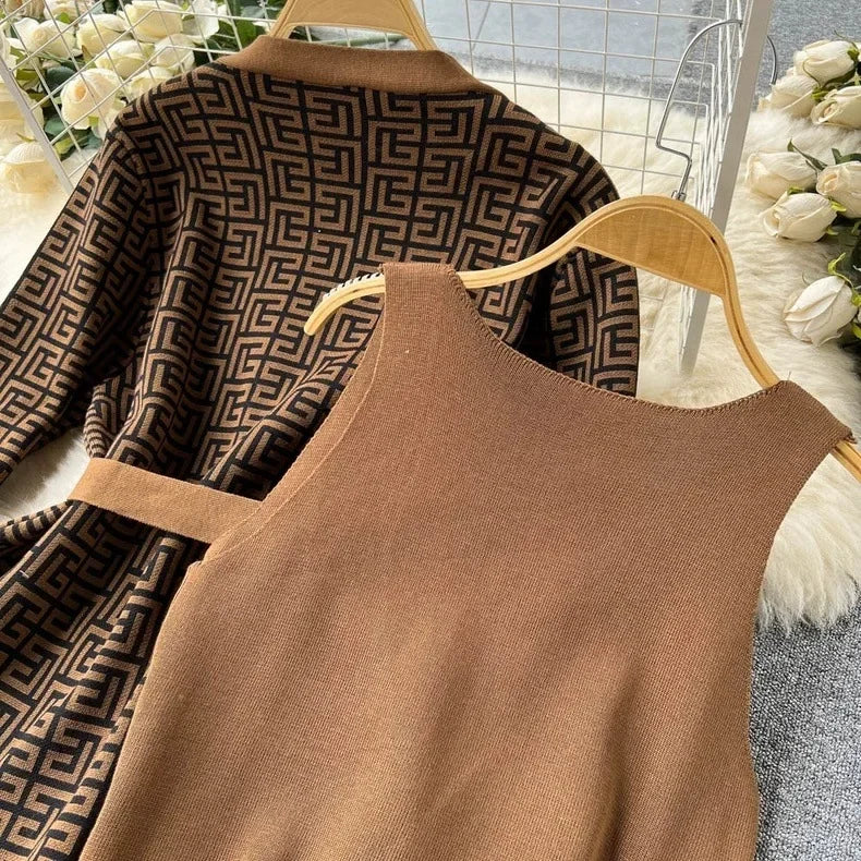3-Piece Women’s Knitted Set: V-Neck Belted Cardigan & High-Waist Wide-Leg Pants