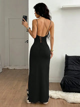 Y2K Woven Tape Split Maxi Dress