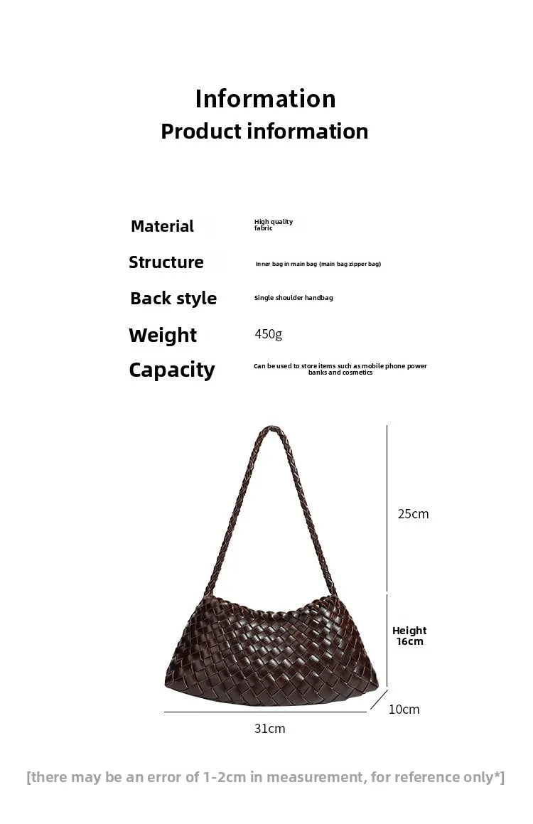 High End Fashion Handbag Messenger Bag with Large Inner Pocket, Popular Pure Hand Woven Bag for Women Tote Shoulder Underarm Bag