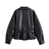 HH Women Fashion Black Short Faux Leather Trench Coat Long Sleeve Lapel Jacket With Belt Vintage Lady Motorcycle Jacket Outwear