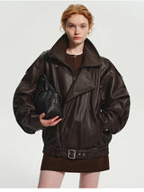 Lautaro Spring Autumn Cool Brown Oversized Pu Leather Jacket Women Long Sleeve Zip Up Luxury Designer American Retro Clothing