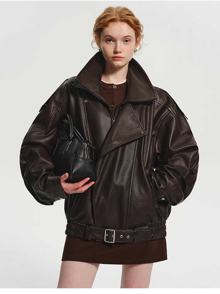 Lautaro Spring Autumn Cool Brown Oversized Pu Leather Jacket Women Long Sleeve Zip Up Luxury Designer American Retro Clothing