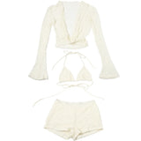 Cryptographic Fashion Halter Draped 3 Piece Sets Beach Outfits Hollow Out Lace Up Bikini Shorts Long Sleeve Co-ords Sets Suits