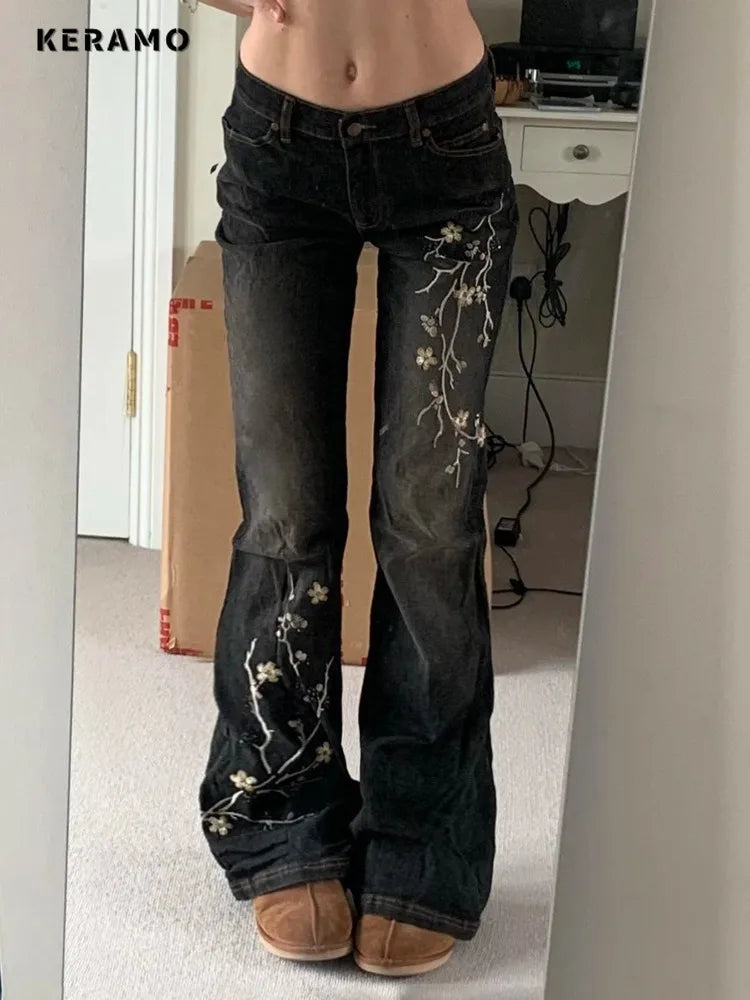 Weekeep Floral Embroidery Low Rise Flared Jeans Women