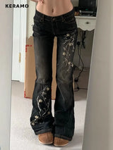 Weekeep Floral Embroidery Low Rise Flared Jeans Women