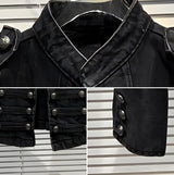Punk Style Black Stand Up Collar Denim Jacket - Vintage Washed Motor Coat