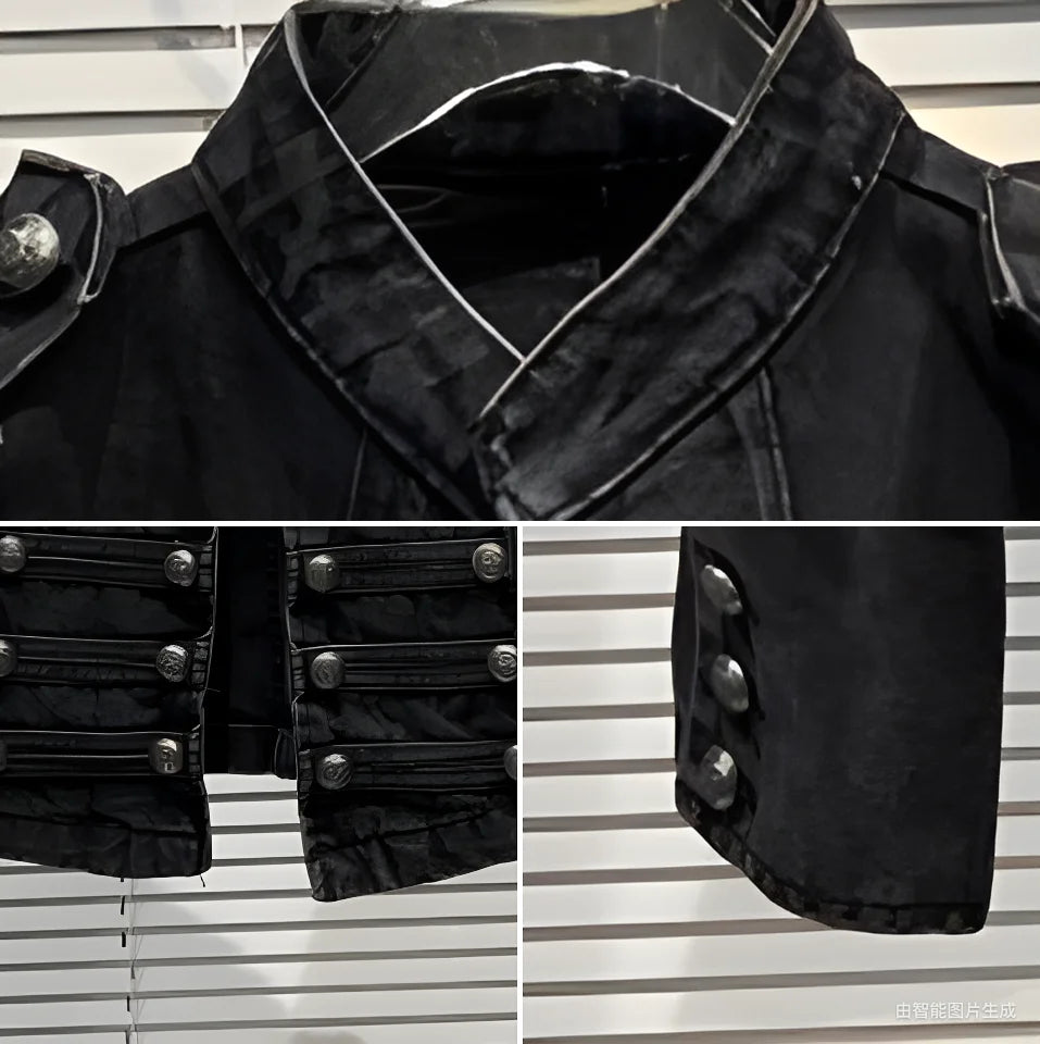 Punk Style Black Stand Up Collar Denim Jacket - Vintage Washed Motor Coat