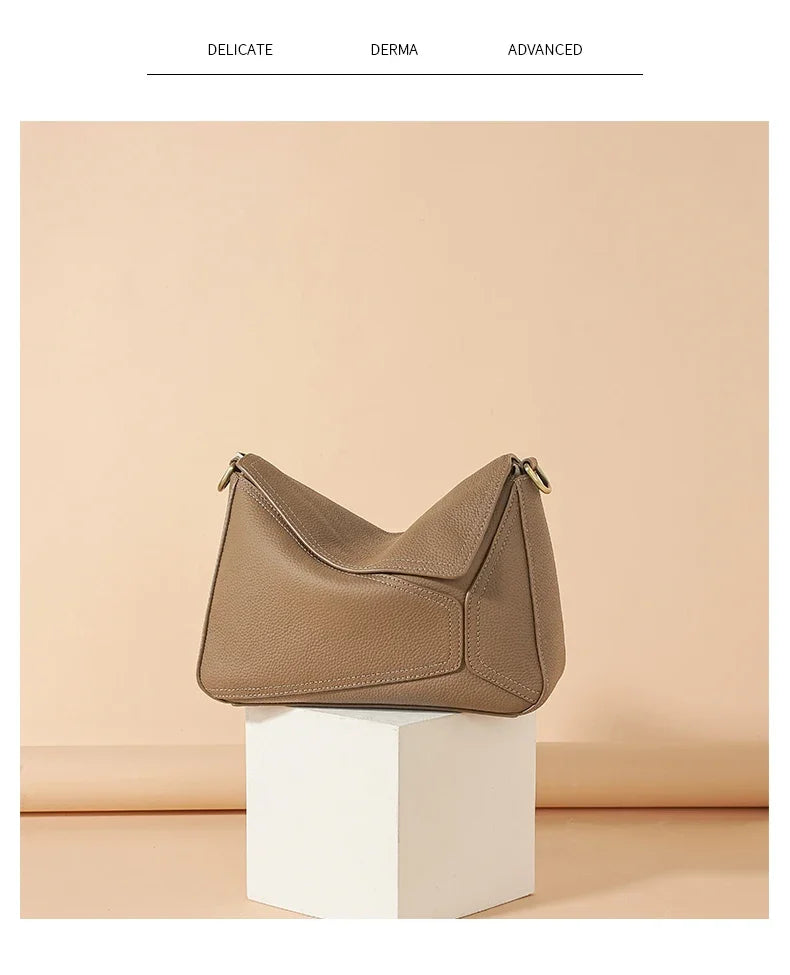 Pure 100% Cowhide Leather Women's Geometric Solid Color Shoulder Bag For Ladies Large Capacity Pillow Crossbody Handbag Luxury