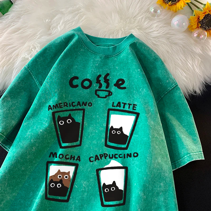 Retro Cat Graphic Cotton Tee – Unisex Harajuku Style