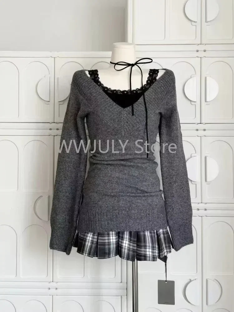 Autumn Winter Woman Gyaru Coquette V-neck French Vintage Sweater Long Sleeve Pullovers Knitwears 2000s Aesthetic Old Money Thick