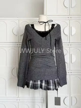 Autumn Winter Woman Gyaru Coquette V-neck French Vintage Sweater Long Sleeve Pullovers Knitwears 2000s Aesthetic Old Money Thick