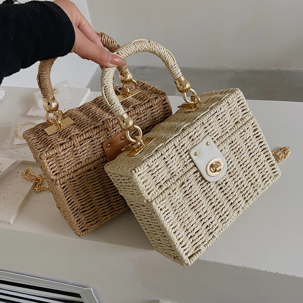 Rattan Straw Shoulder Bag Women Boho Hand-Woven Basket Messenger Pouch Summer Beach Square Box Top-handle Handbag