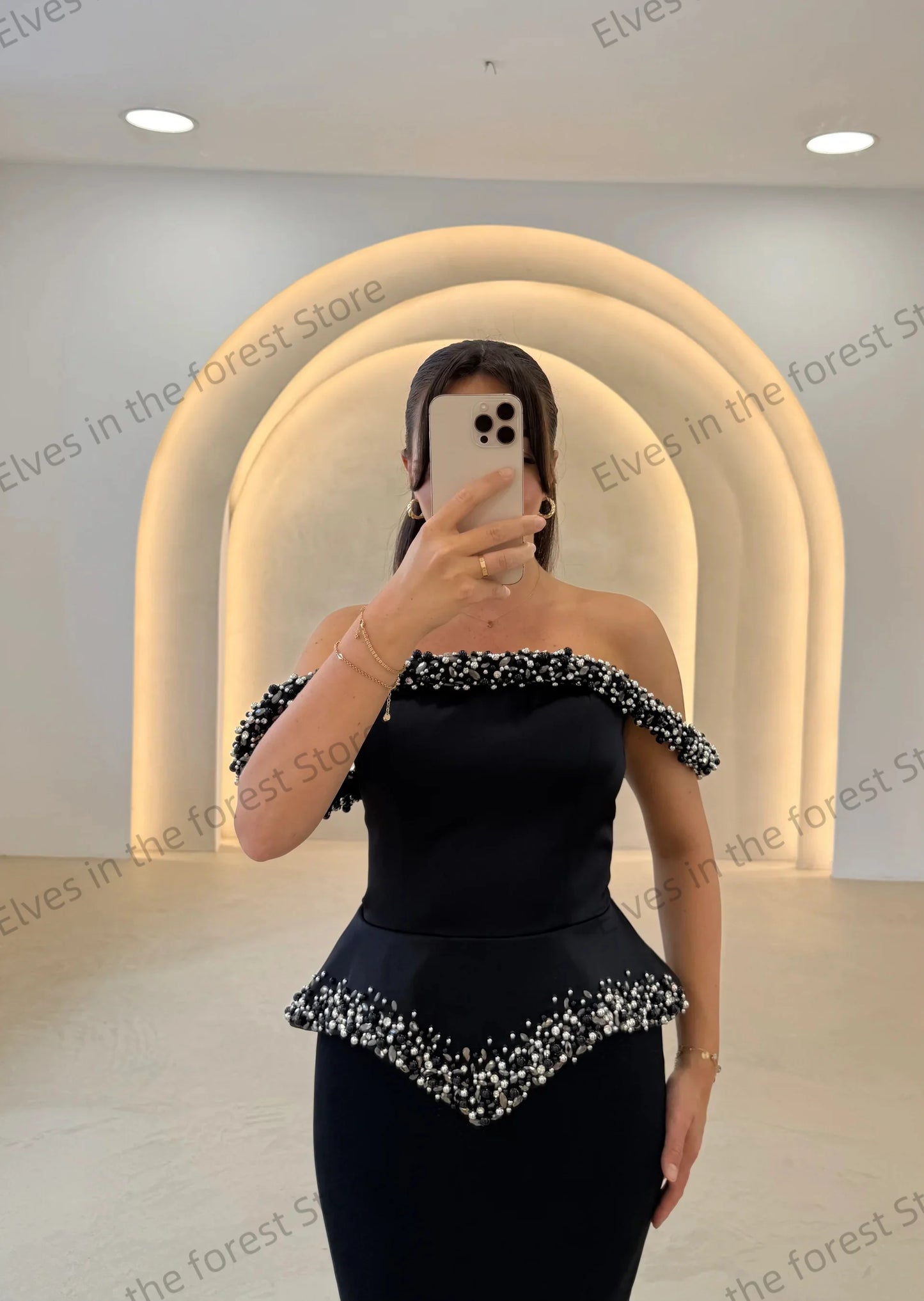 Blue Mermaid Off-Shoulder Evening Gown with Pearl Beading