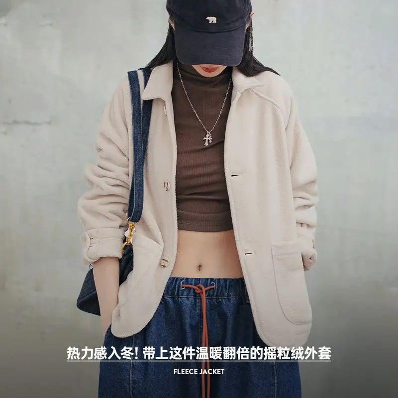 Maden Women's Fleece Lapel Warm Jacket 290gsm Single-breasted Solid Color Casual TOPs Coat for Autumn Winter Outwear